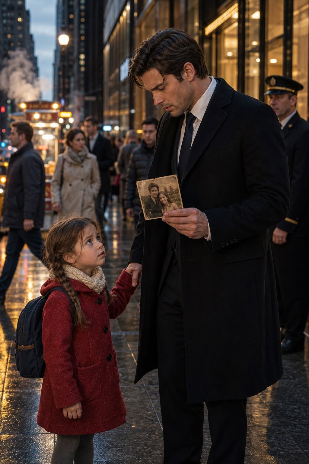 A little girl tugged the billionaire’s coat outside Madison Towers and held up a faded photograph with both hands.