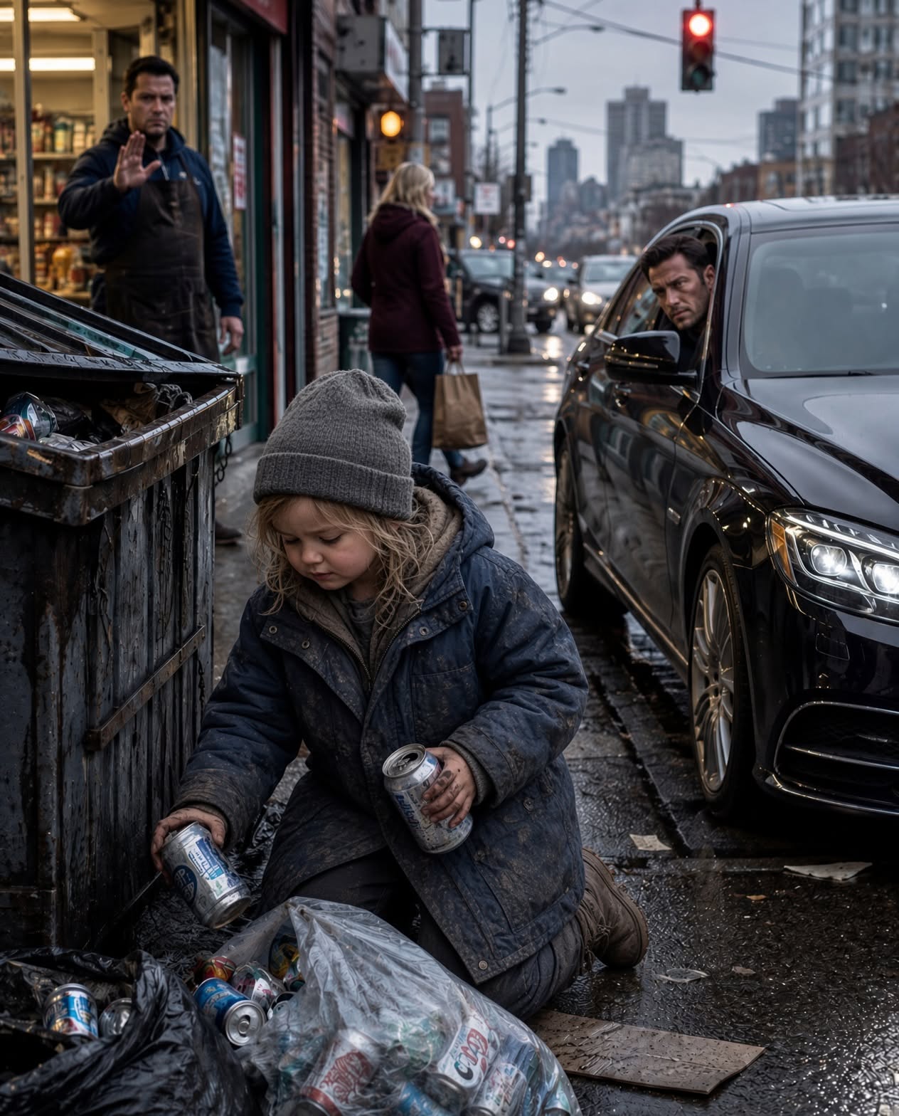 The little girl was kneeling beside a dumpster in forty-degree wind, sorting soda cans from trash with bare red fingers.