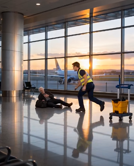 The old man dropped just as the sunset turned the airport floor to gold. One second he was walking past Gate 12 in an old brown jacket, shoulders bent, one hand dragging a worn carry-on