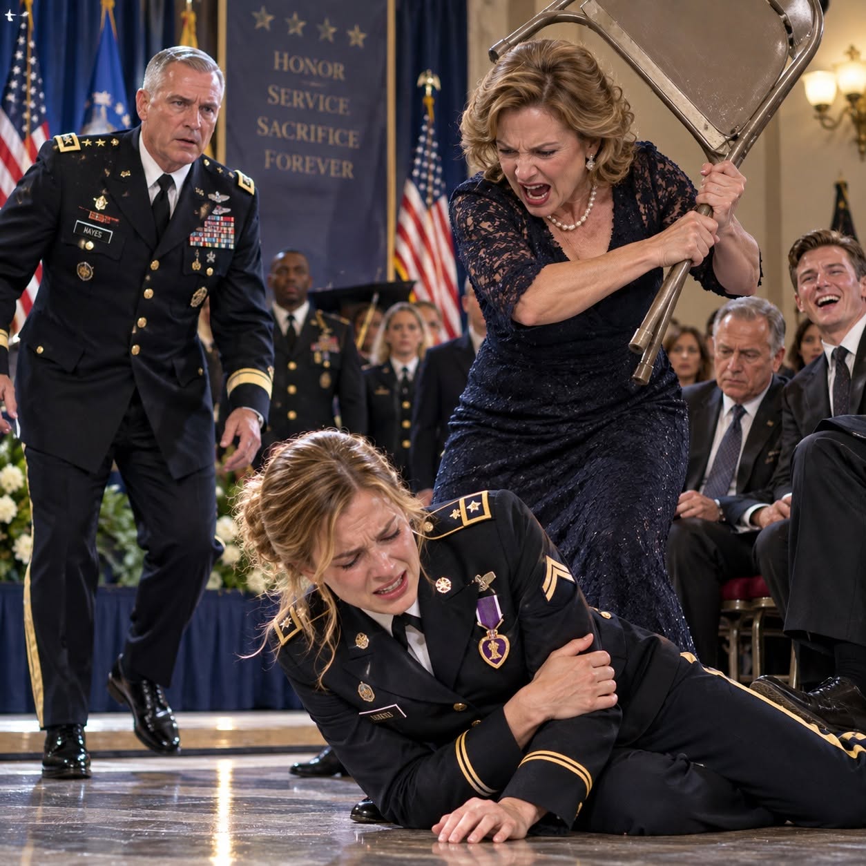 SHE SMASHED A METAL CHAIR INTO MY ARM AT MY PURPLE HEART CEREMONY AND CALLED ME "TRASH"—THEN THE THREE-STAR GENERAL STOOD UP AND REVEALED THE CLASSIFIED SECRET THAT DESTROYED MY FAMILY FOREVER!