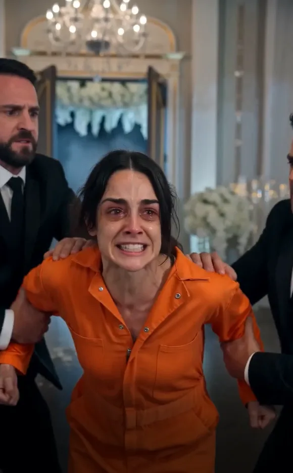 The wedding guests screamed when a woman in an orange prison uniform burst into the ballroom.