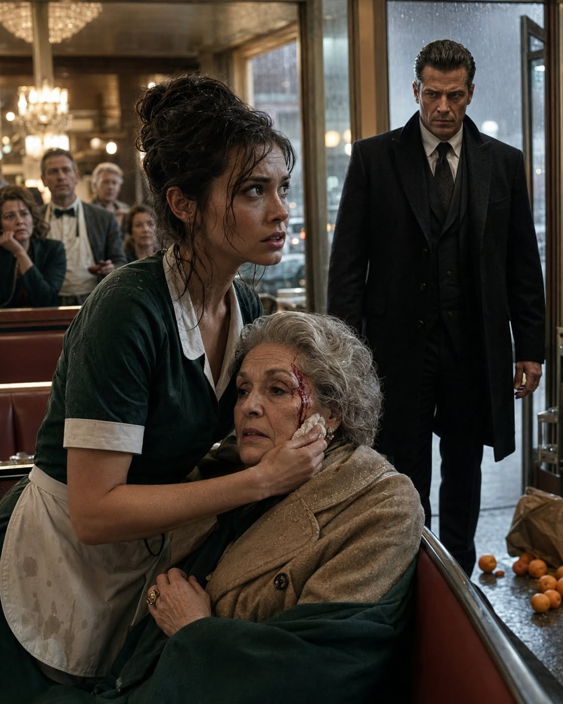 A bleeding old woman collapsed in the rain outside the diner, and every person inside pretended not to see her