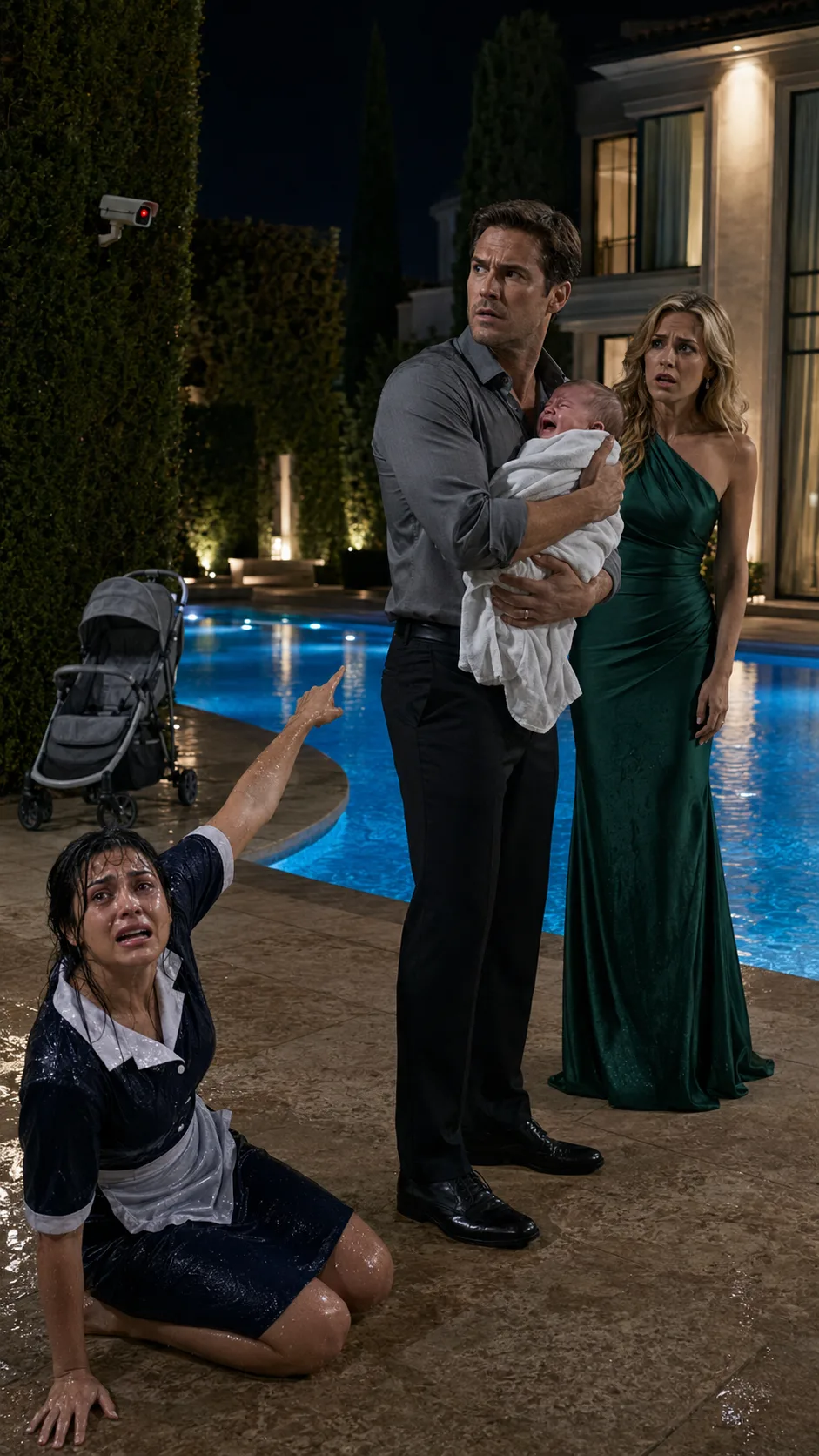 When a brave domestic worker dives into the pool to save a sinking baby