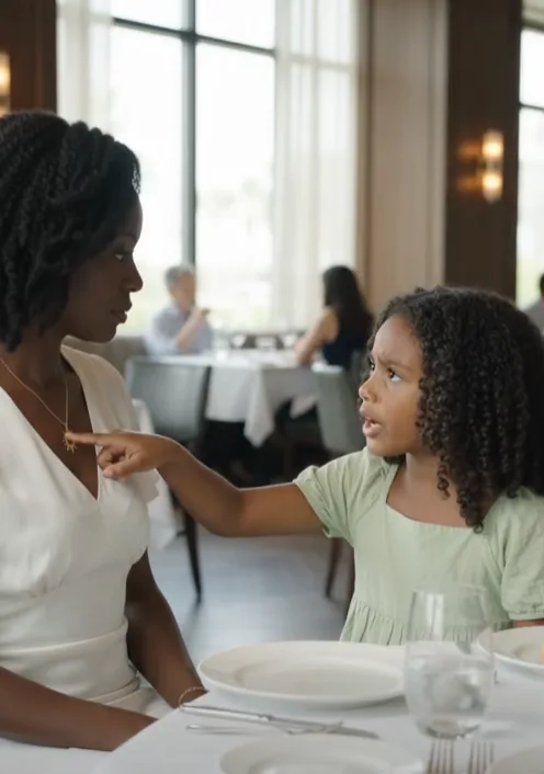 "Inside an elegant restaurant, a little girl suddenly pointed at Clara’s necklace and whispered, “