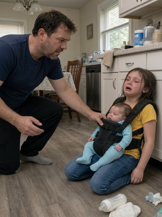 My 9-year-old daughter called from home and whispered: "Dad, I can't hold the baby anymore." I raced back and found her exhausted on the kitchen floor with my 8-month-old son strapped to her chest
