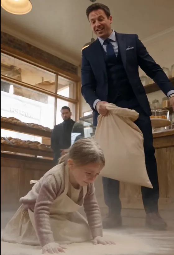 Dominic violently dumps the flour sack over Maeve.