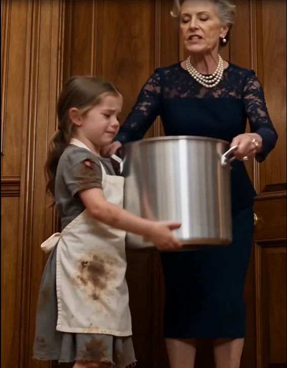 Lucinda forcefully shoves the large stockpot into Lily’s arms.