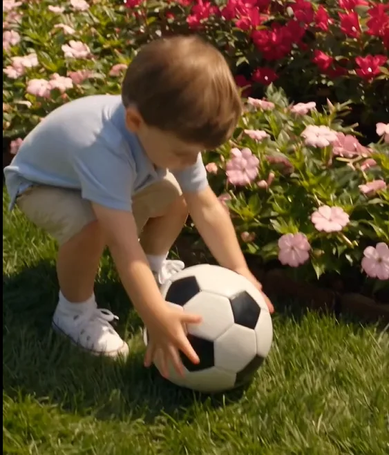 Eli bends to retrieve his football beside the flower bed.