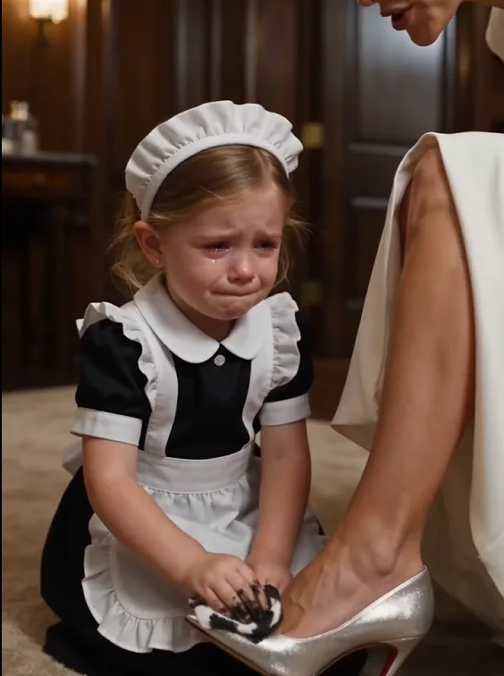 Sofia kneels beside the wooden stool and polishes Veronica’s heel while fighting tears.