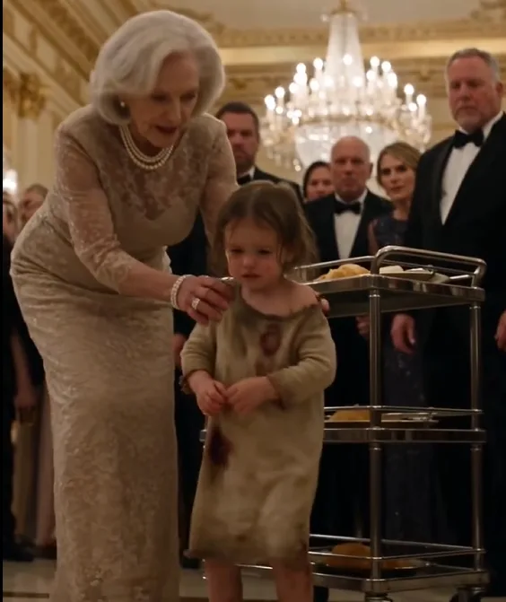 Victoria violently kicks Sophia’s bag of discarded food from her hands, grabs the little girl by the shoulder, and shoves her down beside the banquet trash cart.