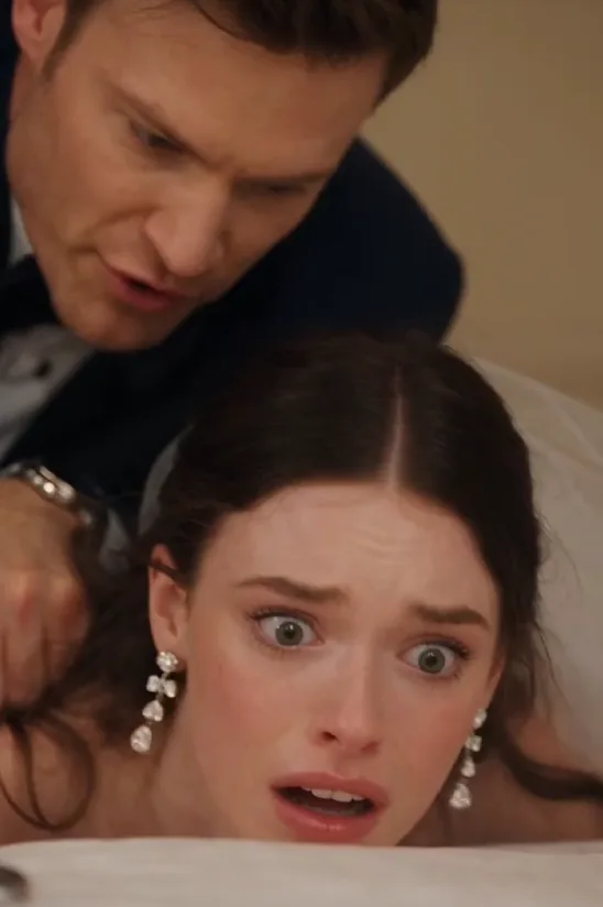 Gregory locks the bridal-suite door, grabs Sofia by the hair, and forces her down against the bed while pressing the golf club across her shoulders.
