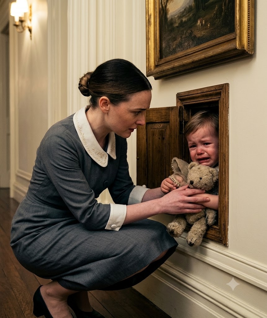 During the Sterling Foundation gala, employee Emma Hayes discovered three-year-old Charlotte filthy and crying inside a hidden room behind a massive portrait.