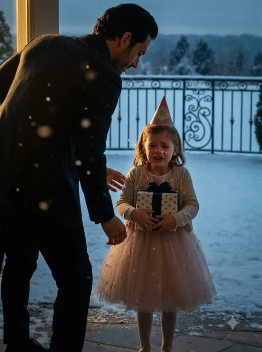 Three-year-old Lily Bellacorte was found shivering outside the closed ballroom doors during her father’s birthday gala, still clutching the carefully wrapped gift Celeste had forbidden her to bring back inside.