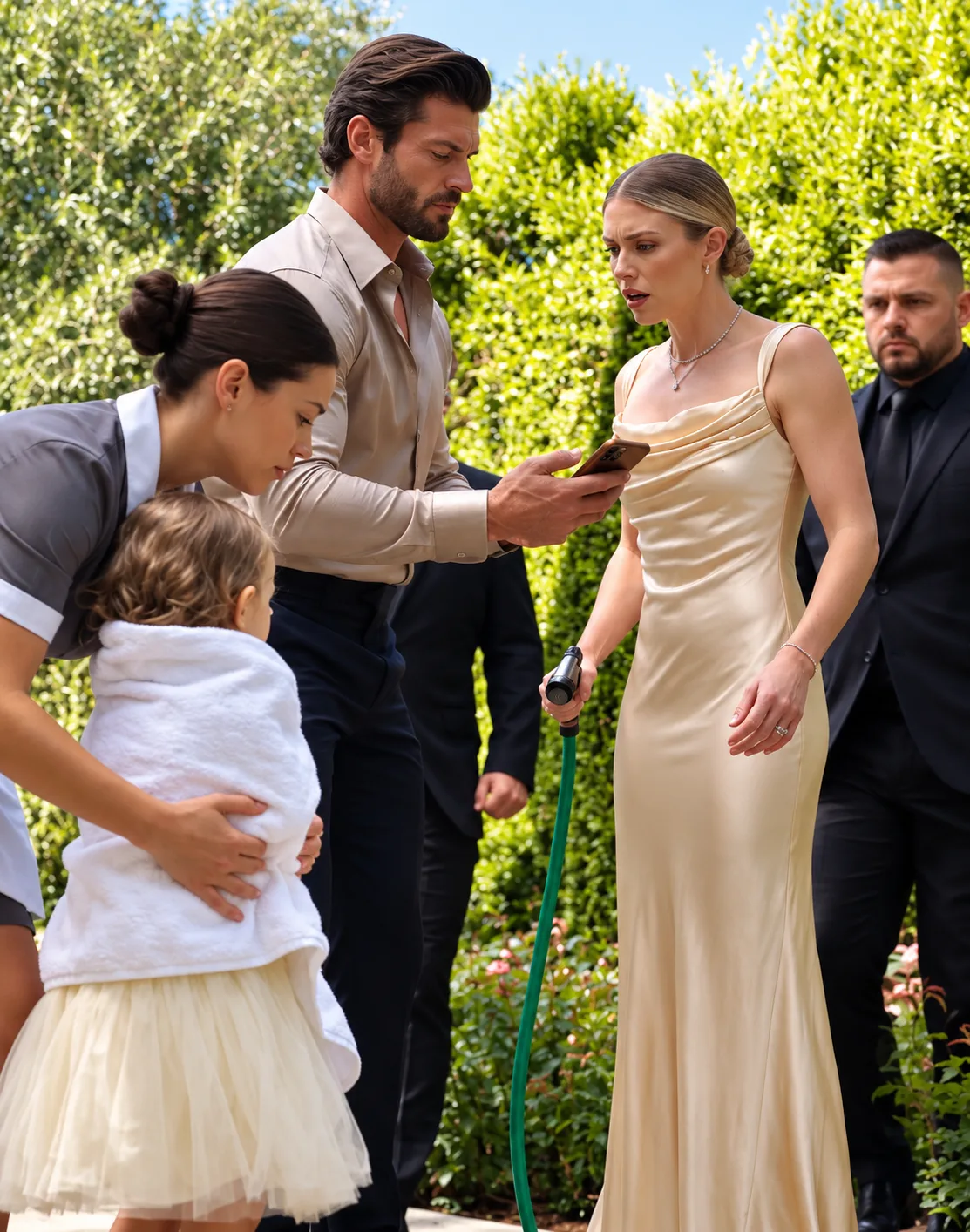 Vanessa aimed a running garden hose directly at three-year-old Audrey beside the flower bed, soaking the child’s dress and the gauze covering her injured eyebrow until Audrey stumbled backward onto the wet patio.
