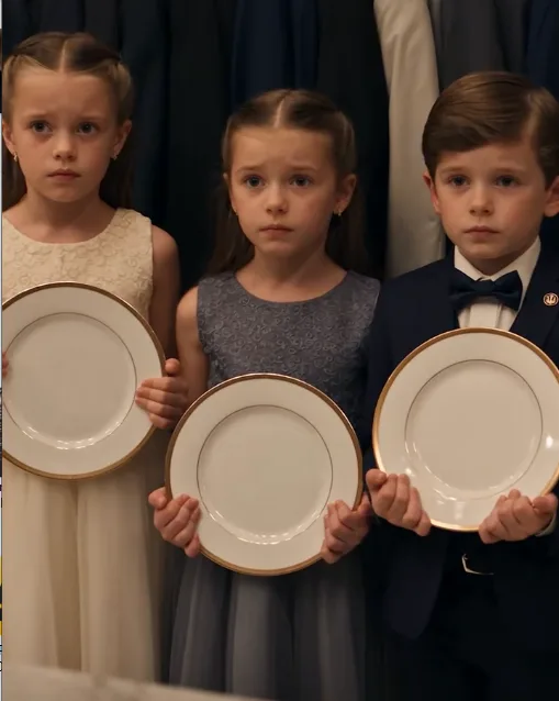 Three children stood beside the coat rack holding empty plates while the rest of the Vescari family continued eating.