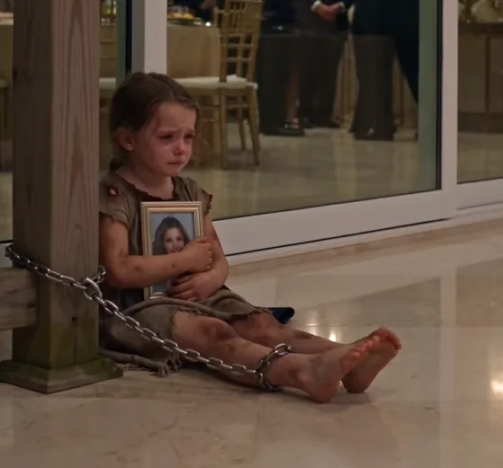 Matteo Vaughn returned to his birthday celebration and found his four-year-old daughter sitting outside the glass-walled terrace, chained by the ankle to a wooden porch post.