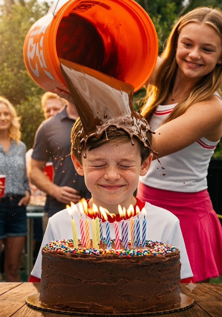 Noah Morgan was sitting in front of his birthday cake with his eyes closed, just about to make his wish, when his twelve-year-old cousin Madison dumped an entire bucket of thick muddy water over him and the cake.