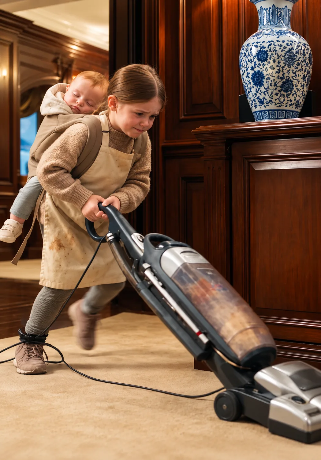 At 1:17 A.M., four-year-old Ella was struggling to vacuum the enormous executive office with her baby sister Sophie secured to her back.