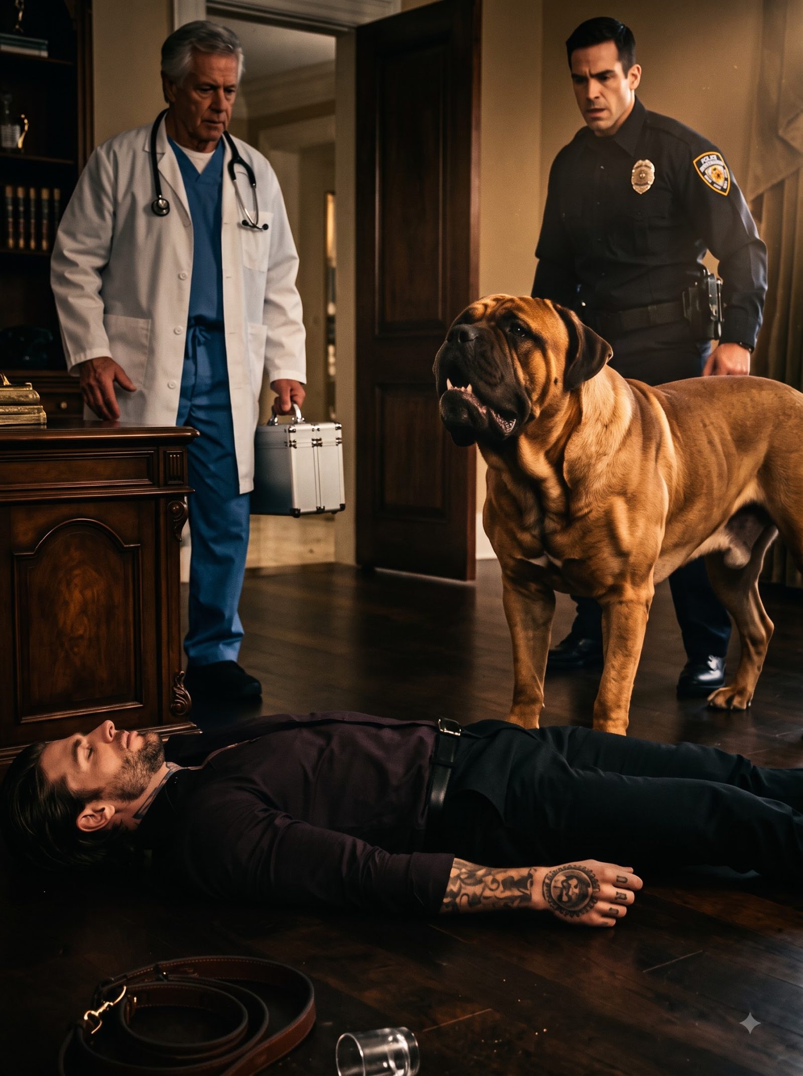 Adrian was unconscious beside his desk while Titan, his enormous Cane Corso, stood over him and violently refused to let anyone approach.
