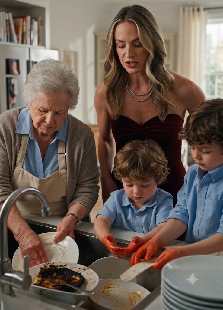 Gianluca Moretti unexpectedly returned home during Sunday dinner and discovered his elderly mother Florence and his three-year-old twins being forced to scrub dishes before they were allowed to eat a plate of burned leftovers.