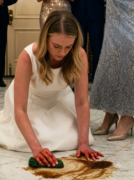 Catherine was already on her knees scrubbing muddy marble when Victoria kicked the cleaning bucket into her side, soaked her dress with dirty water and slapped her while Tiffany filmed and relatives laughed.