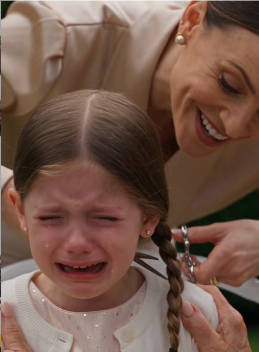 Grace was pinned against a garden chair by her own grandmother while Sabrina crudely cut through one side of the little girl’s neatly braided hair and mocked her as she sobbed.
