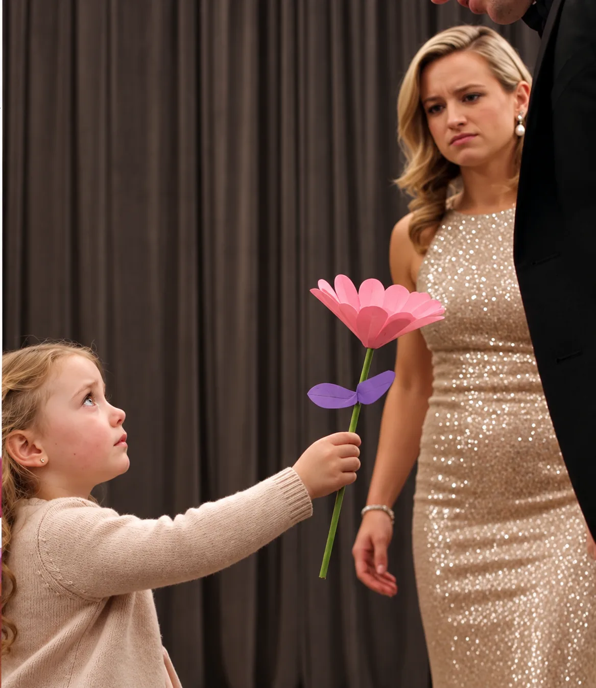 Elsie approached her father at a private theater gala carrying a paper flower she had made for him.