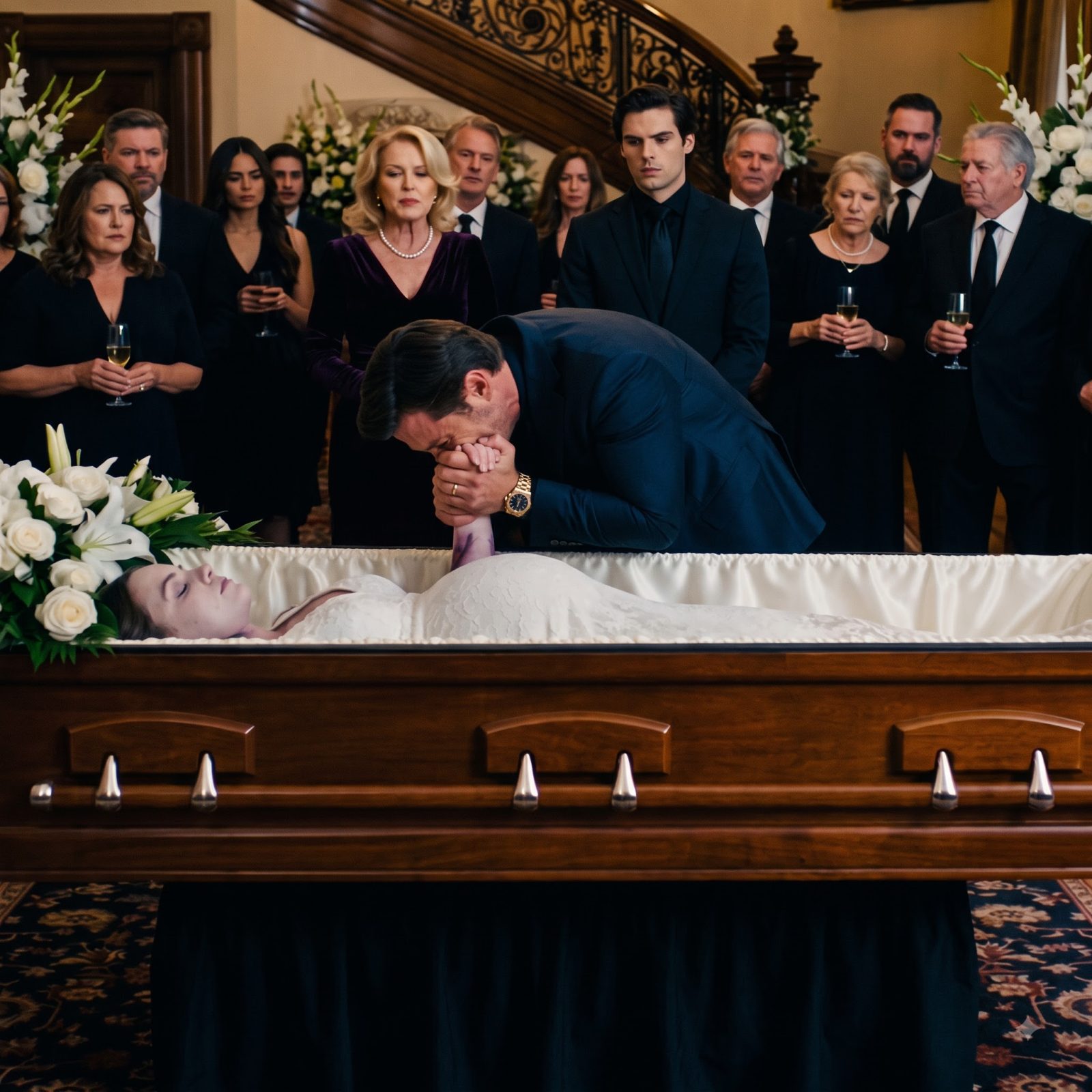 Daniel bent weeping over the white satin-lined mahogany coffin