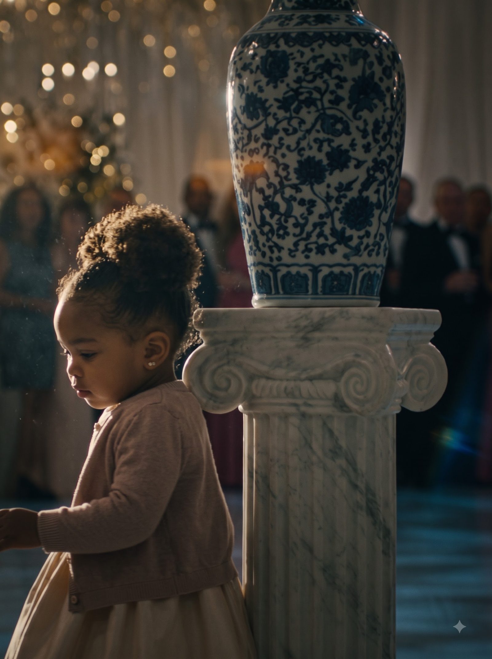Zariah accidentally bumped the heavy marble pedestal, sending an antique porcelain vase crashing onto the floor where it shattered into a thousand pieces
