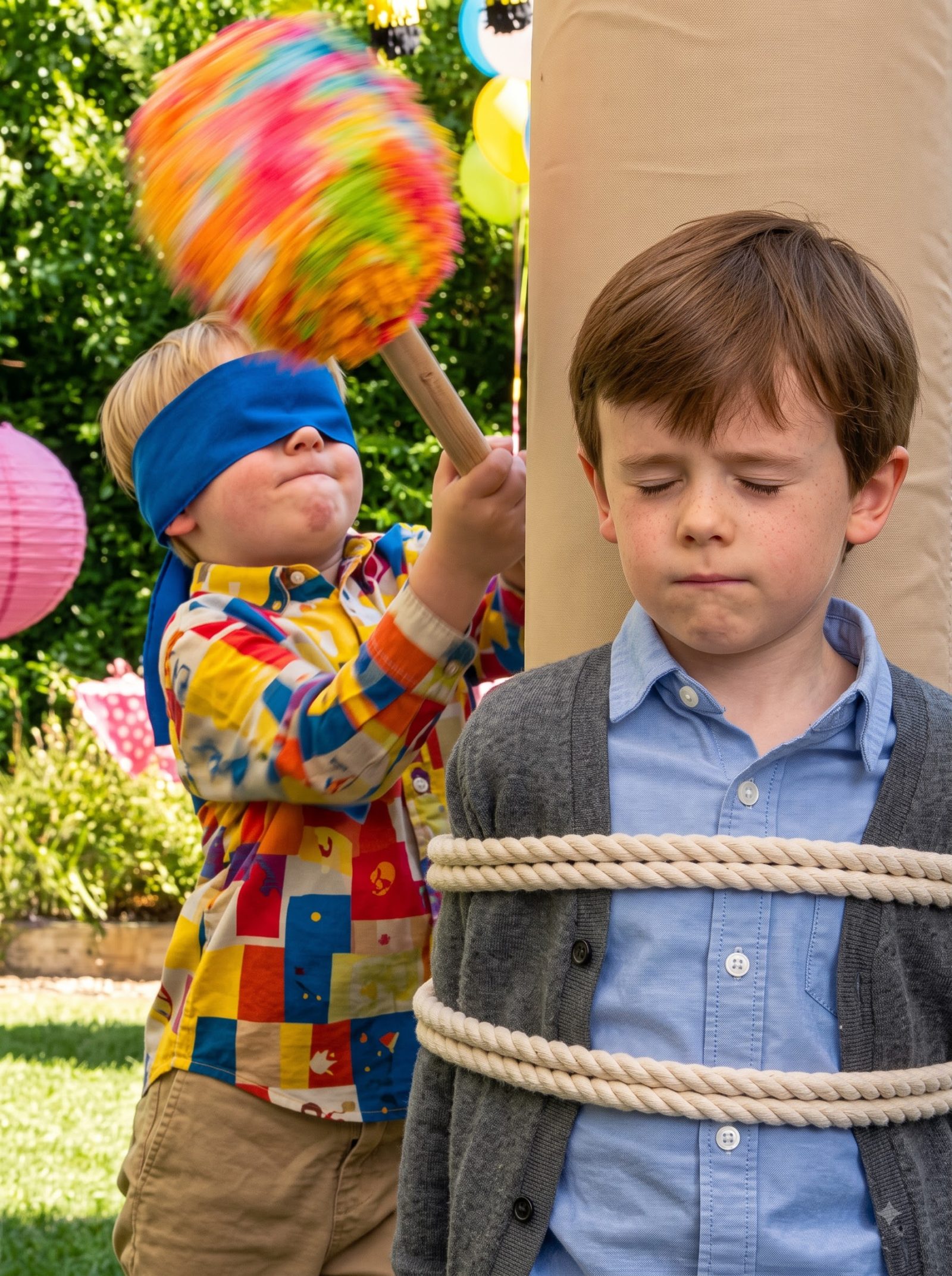 Micah was fastened against a padded support post while blindfolded Caleb was handed a lightweight party bat.