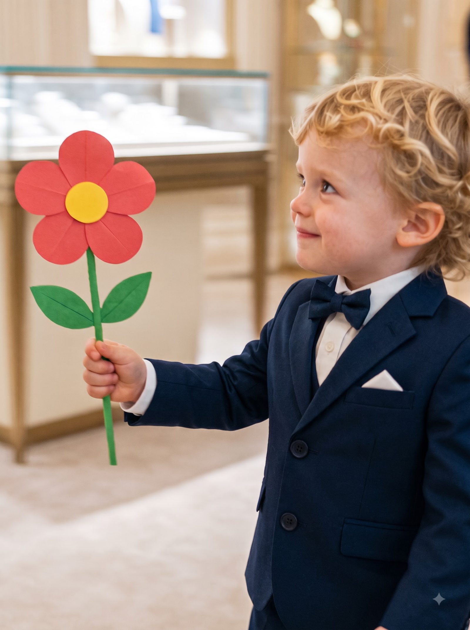 At a private Mafia jewelry preview, four-year-old Noah proudly approached his father with a handmade paper flower.