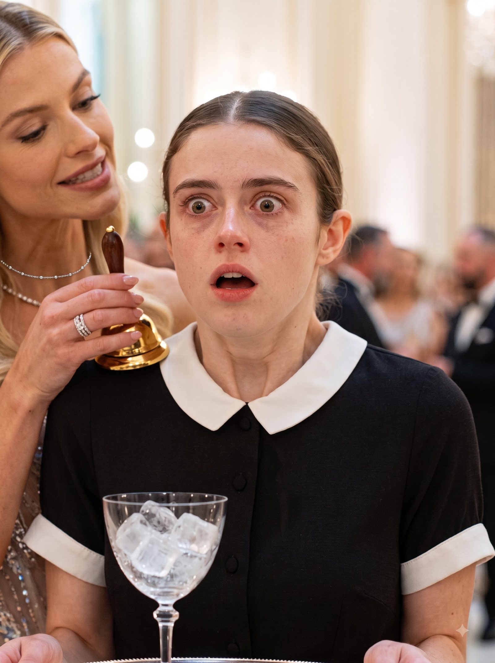 Isolde deliberately poured ice water down the collar of the exhausted housemaid Aveline and rang a handbell beside her face to keep her awake.