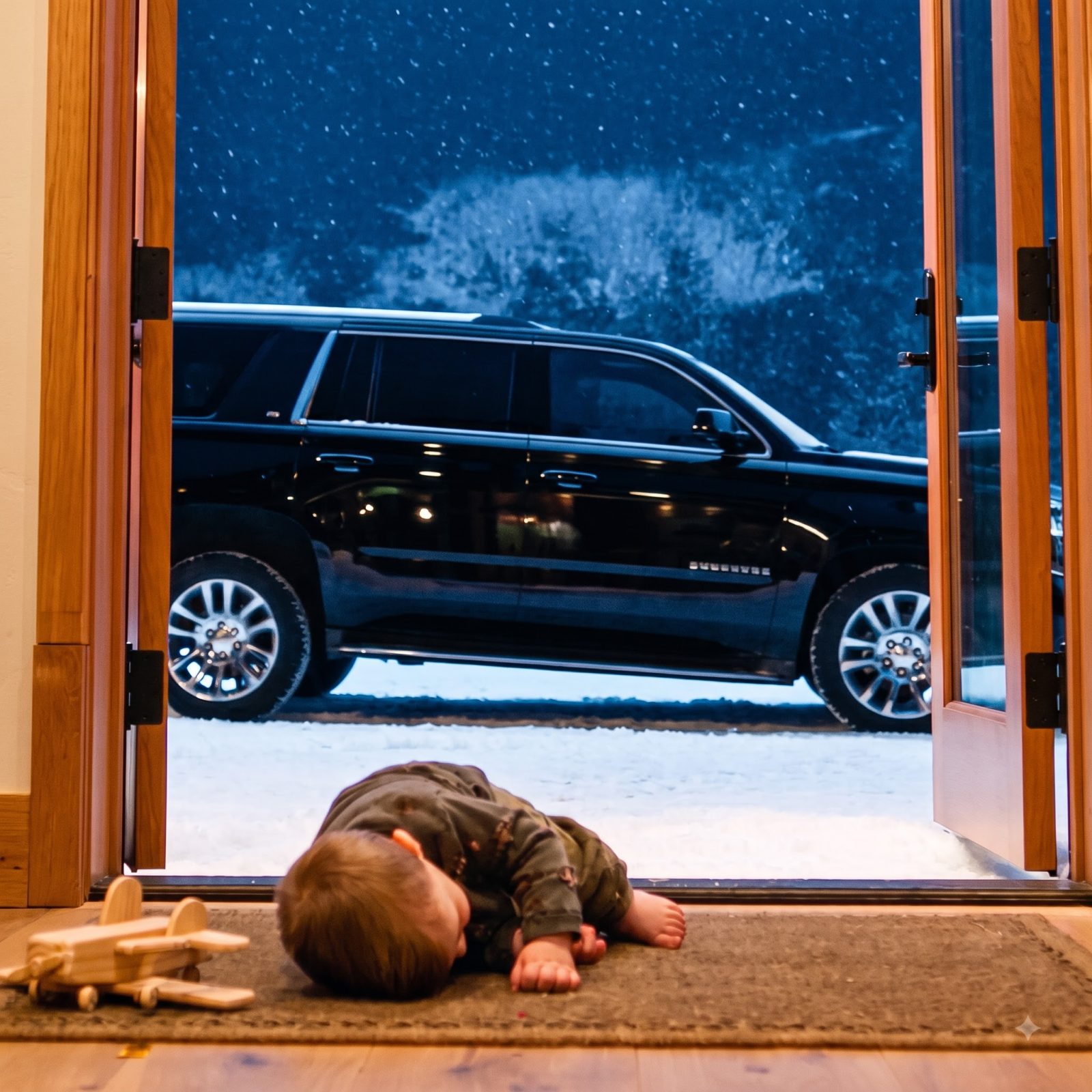 Claudia shoved the barefoot child through the open terrace doors into the snow and threw the gift after him