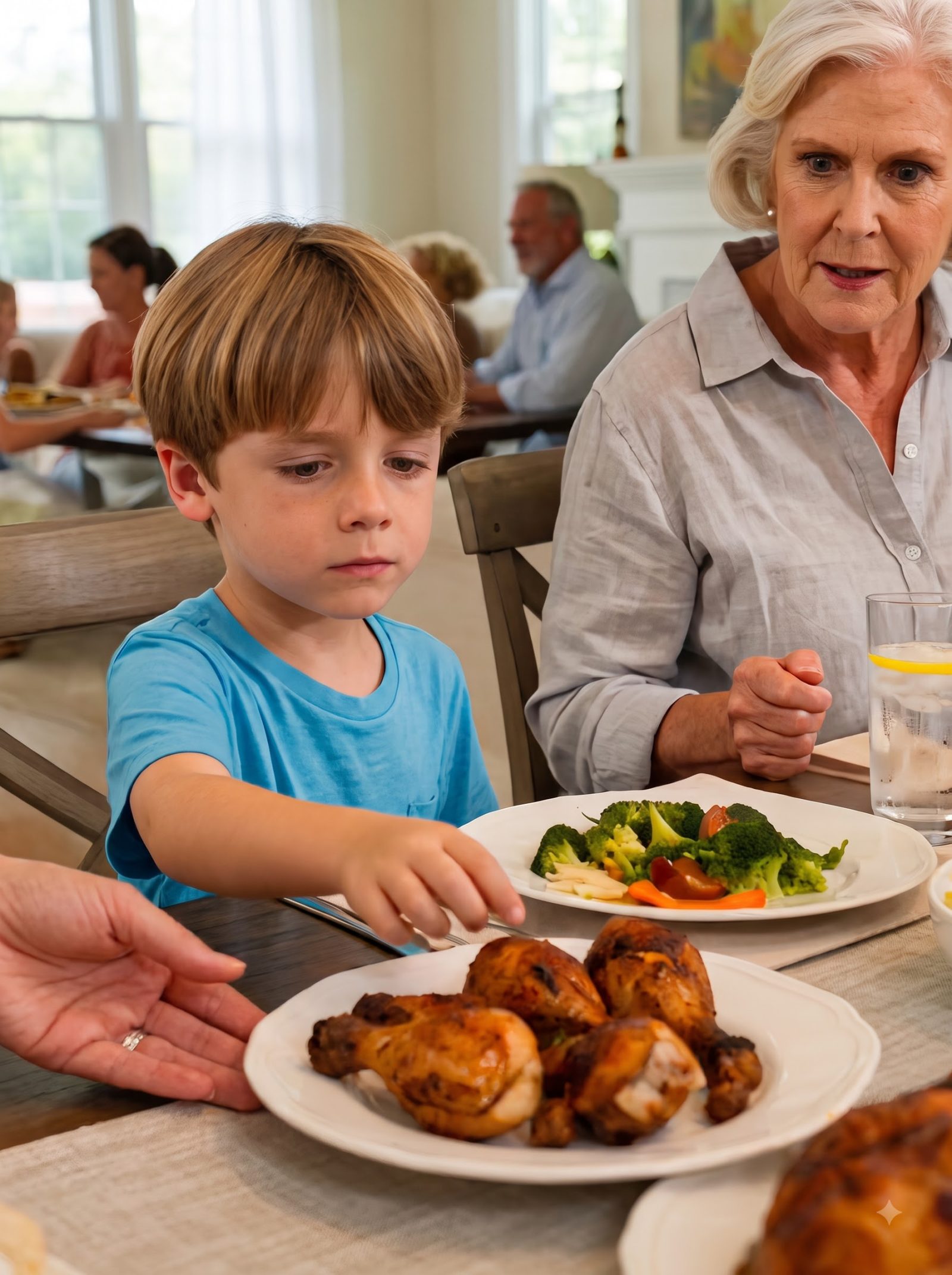 At a family gathering, Diane snatched a plate of roasted chicken away just as four-year-old Evan reached for food.
