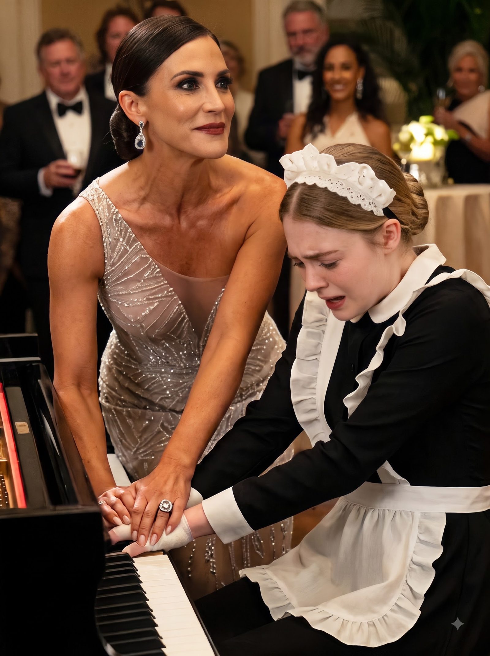 Odile forced the housemaid Imogen’s bandaged hands down onto the grand piano keys despite the obvious pain.