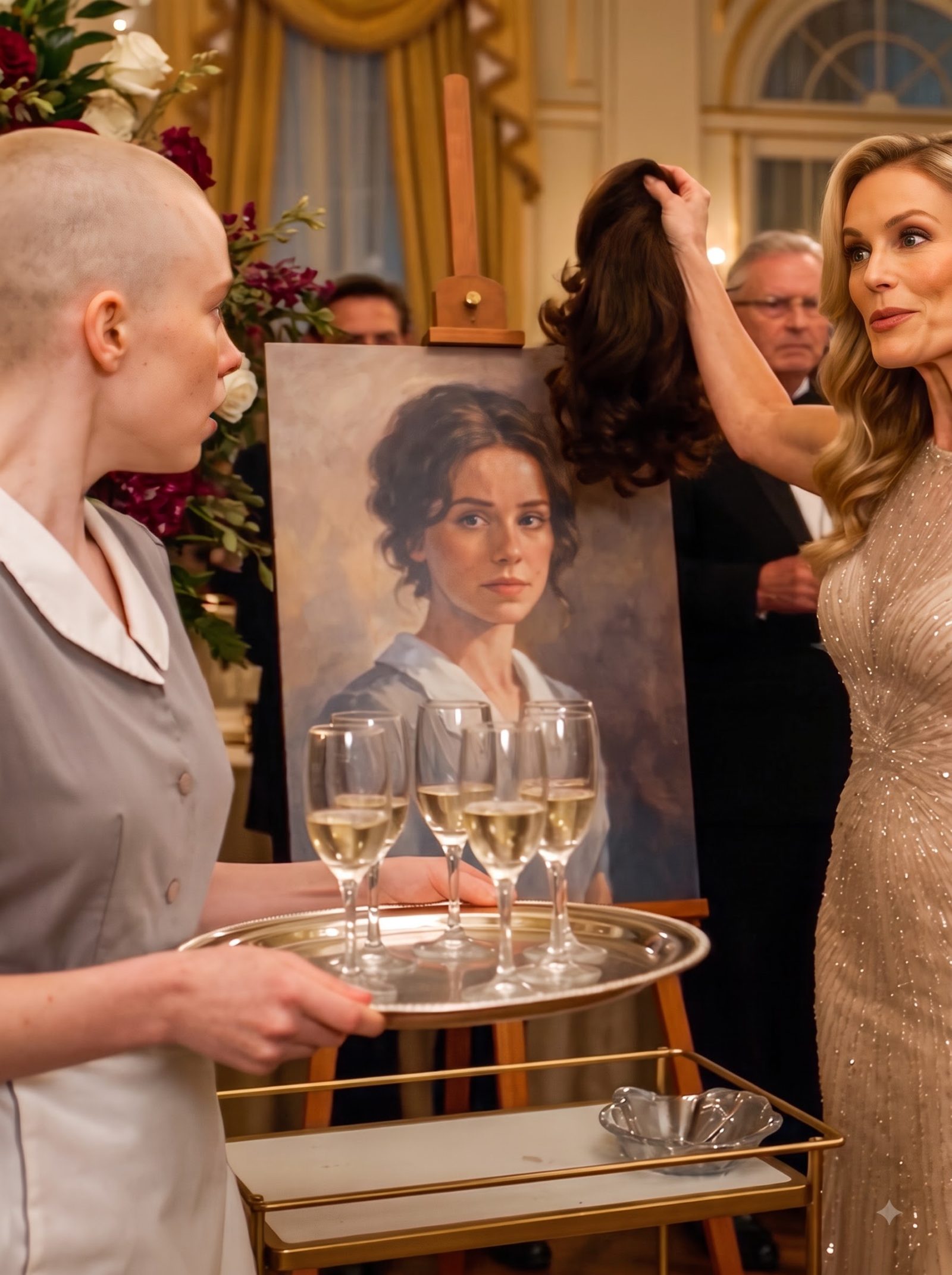 At a crowded charity dinner, Sibella publicly removed housemaid Nerelle’s wig and held it beside the glamorous portrait being used to raise money from wealthy donors.
