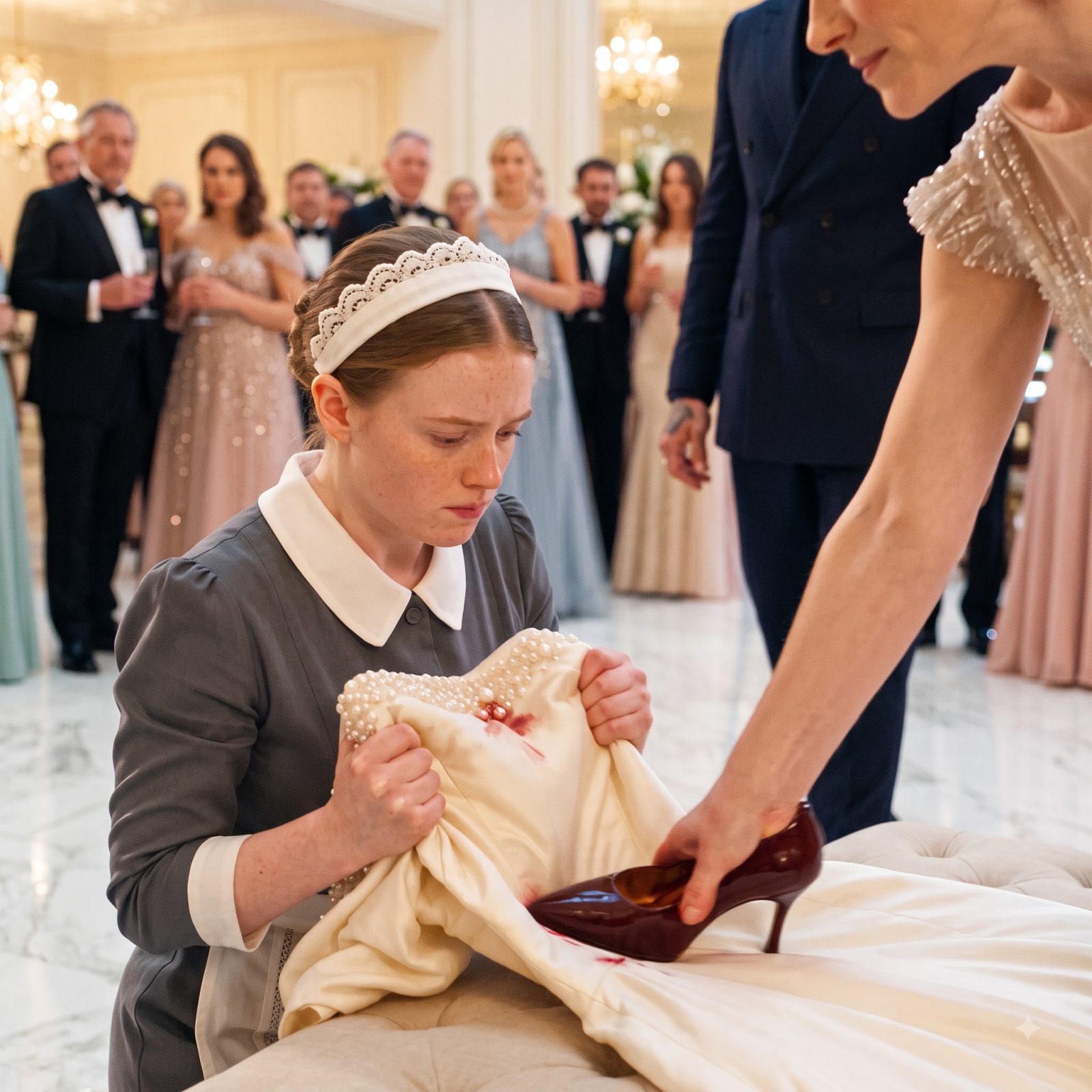 Isabetta pressed her wine-stained shoe into the old wedding gown belonging to Percival Hawthorne’s dead wife and forced housemaid Celandine to scrub it.