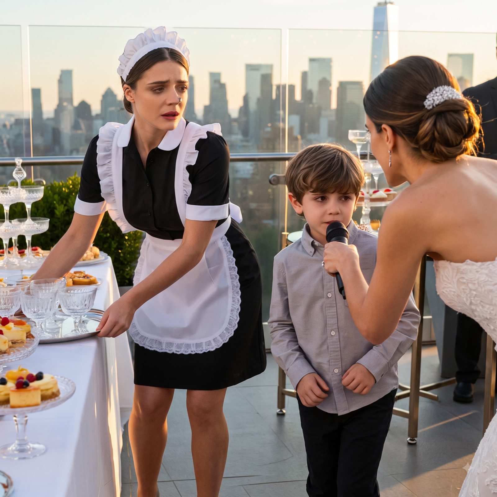 Coralie shoved a wireless microphone beneath six-year-old Finnian’s mouth and loudly mocked the boy’s frightened stutter for nearby guests to hear.
