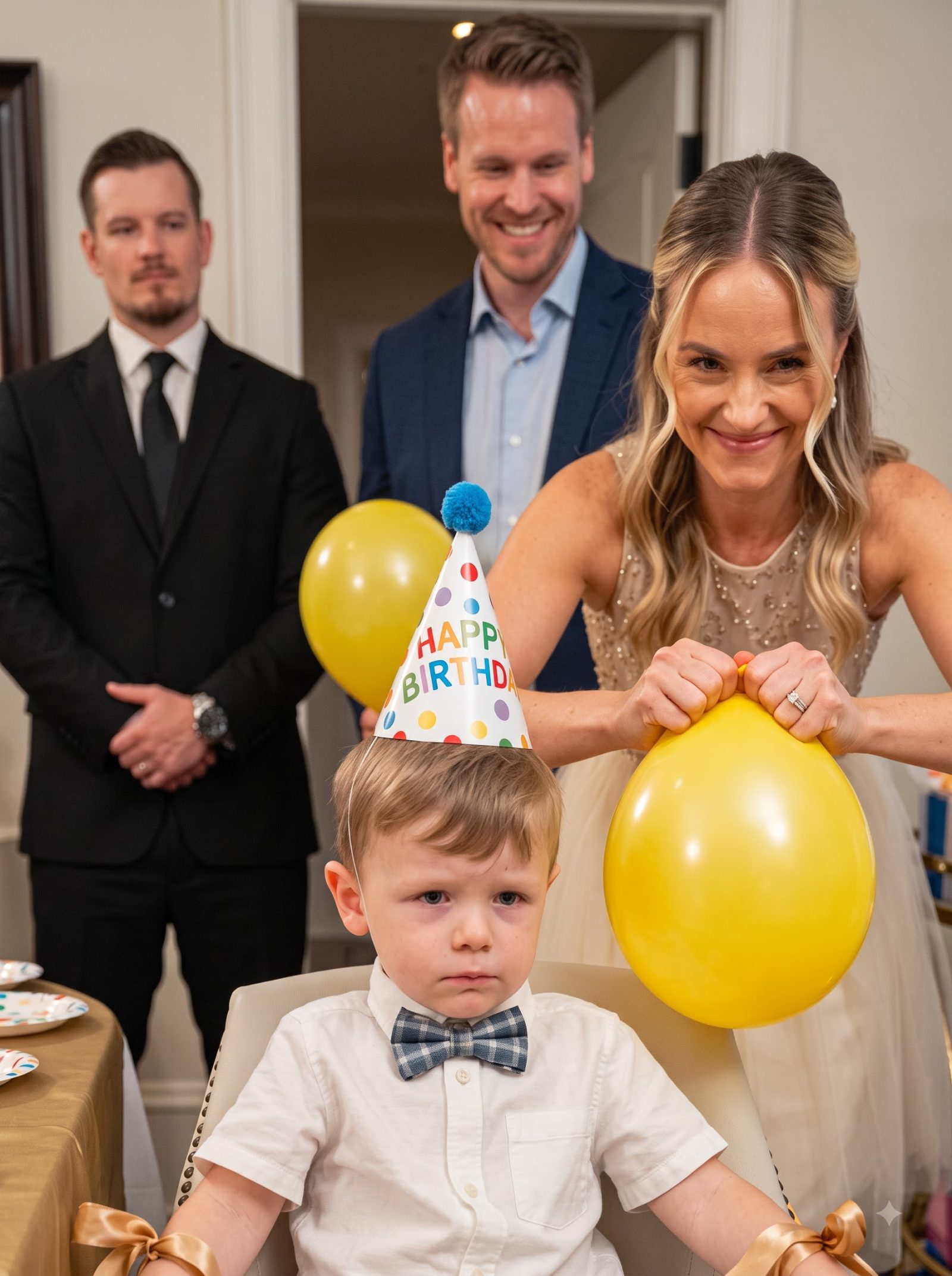 At Owen’s private birthday party, the three-year-old was tied to his padded birthday chair with fabric ribbons while Delilah deliberately burst balloons inches behind his head.