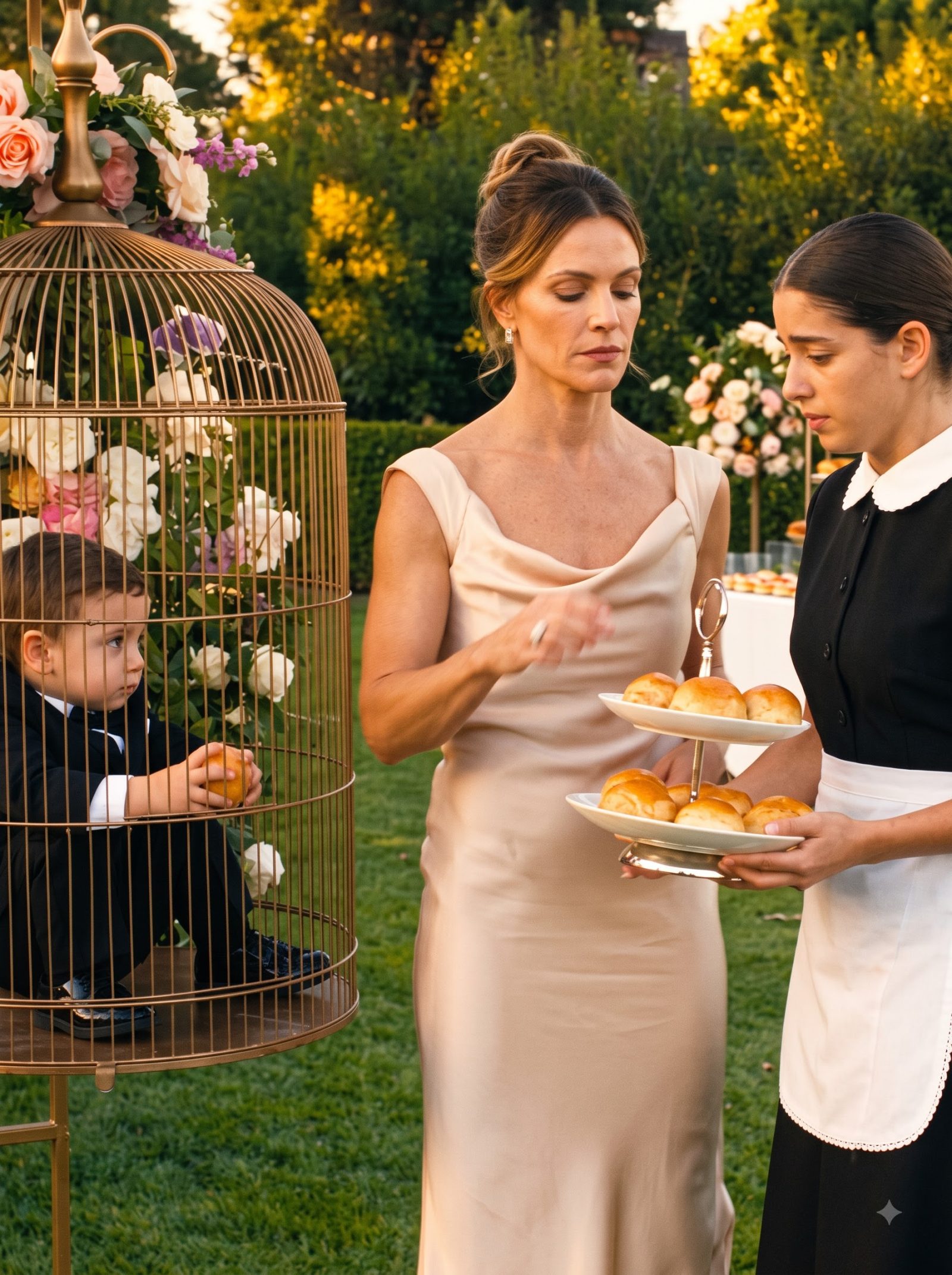 Claribel humiliated housemaid Leonora before turning on five-year-old Milo, knocking food from his hand while he sat trapped inside a decorative birdcage.