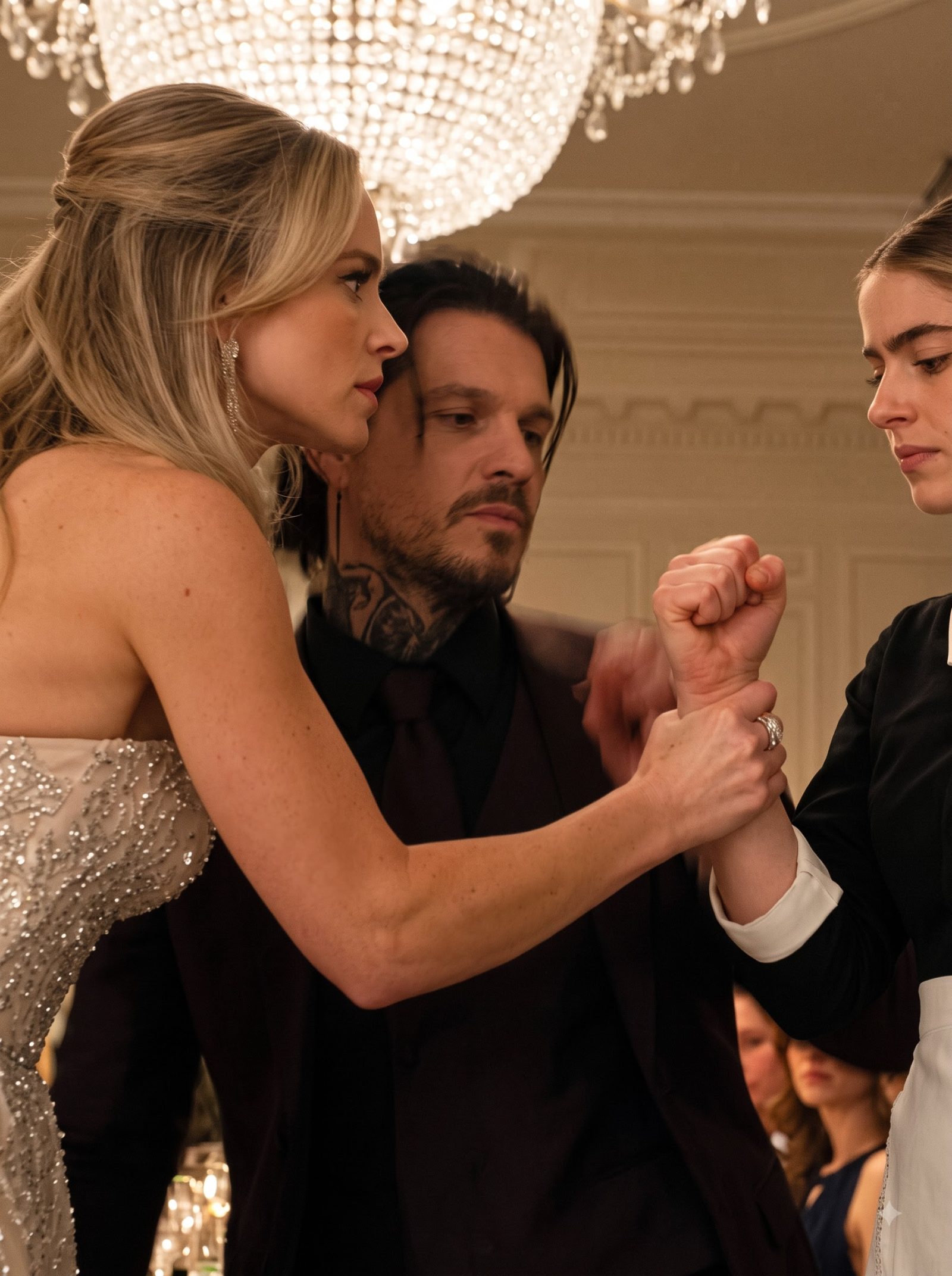 Iris approached the head table carrying an ice bucket while keeping one bruised hand tightly closed.