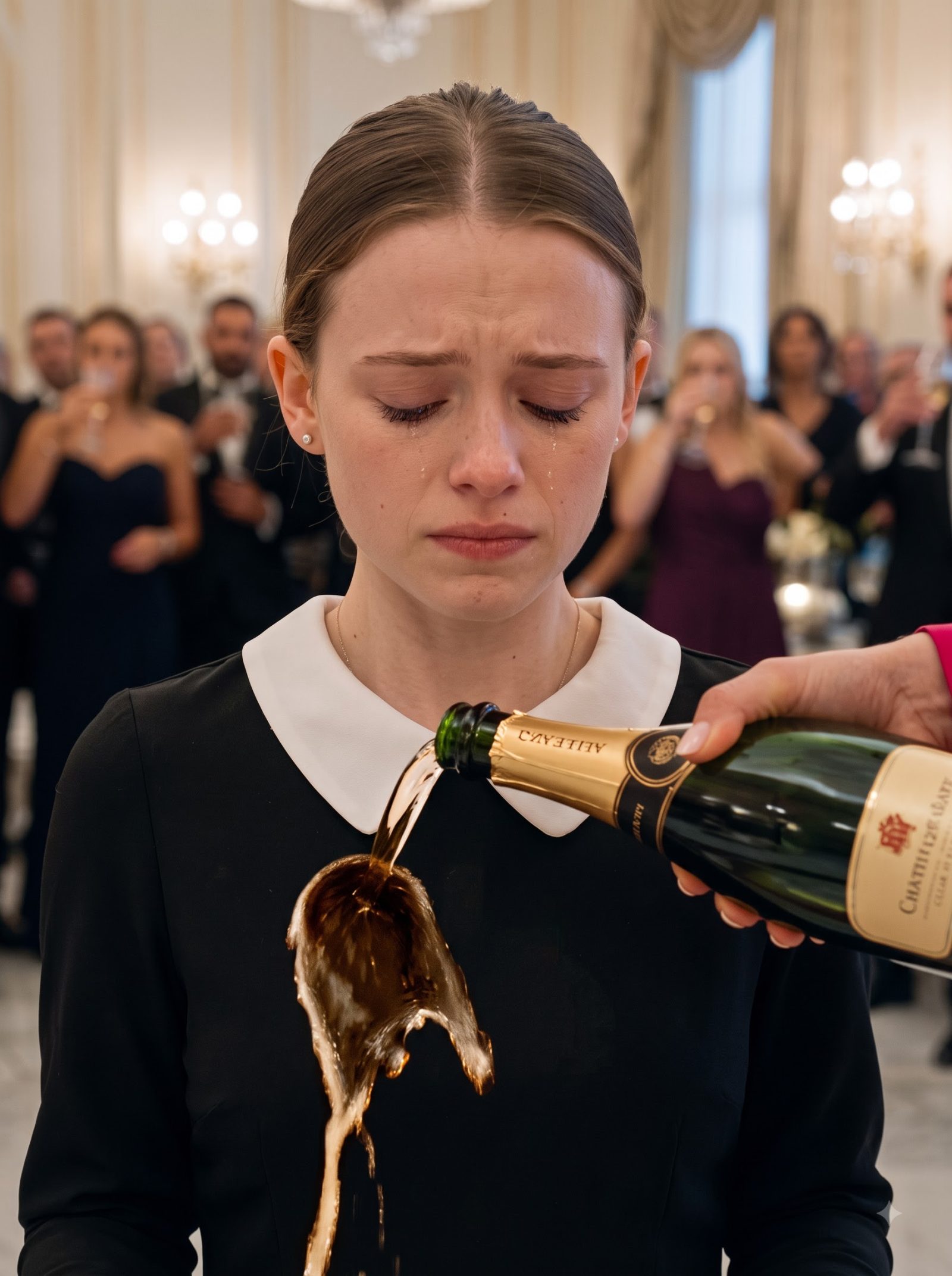 Celestine poured champagne over her younger sister Amabel’s maid uniform, forced her face upward, and threatened that she would never see someone again unless she smiled for the guests.