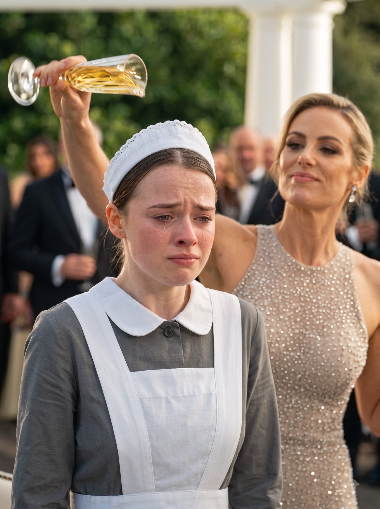 Rosamund poured champagne over housemaid Linnea’s head and turned her humiliation into entertainment for the surrounding guests.