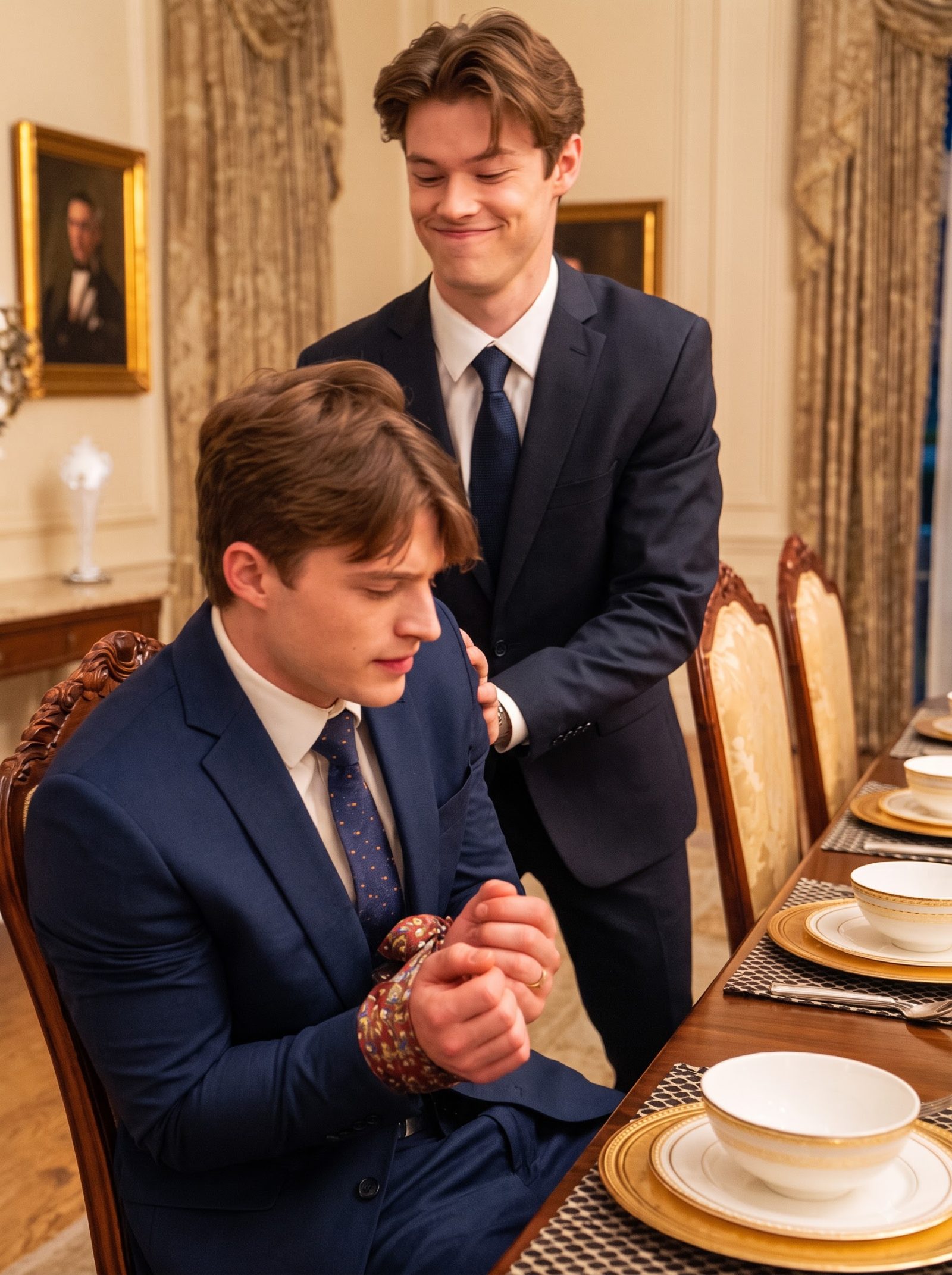 At a private Romano family dinner, eighteen-year-old Caleb was tied to a dining chair while Mason shoved him sideways and struck him until Caleb collapsed struggling to breathe.