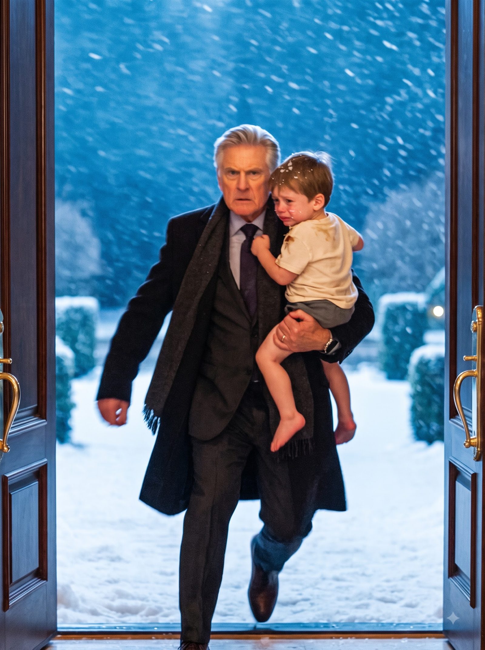 Ethan clung desperately to his grandfather’s coat and looked directly at his father