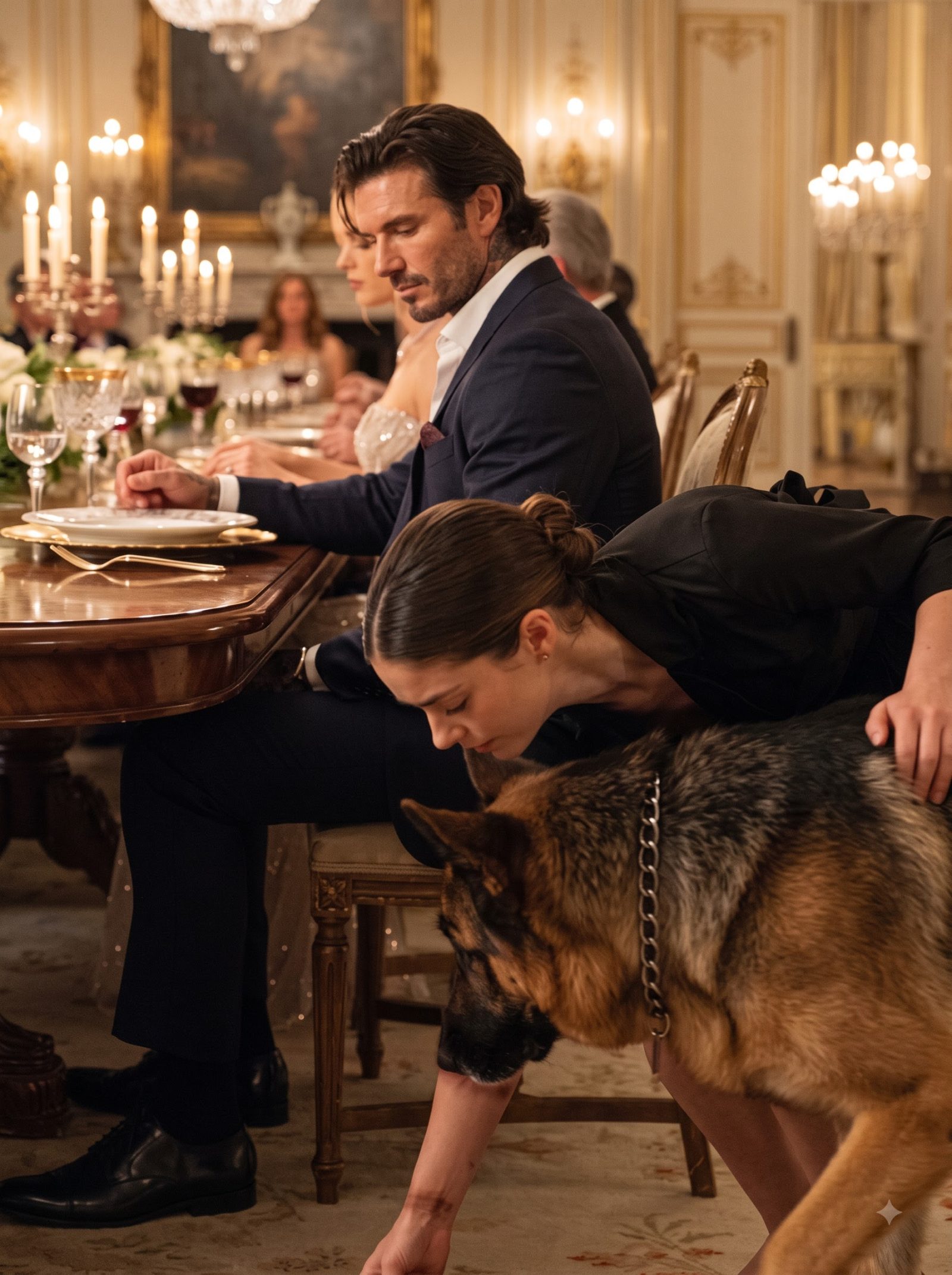 During Dominic Waverly’s crowded engagement dinner, housemaid Maya approached his table to place water down for his elderly German shepherd, Bruno.