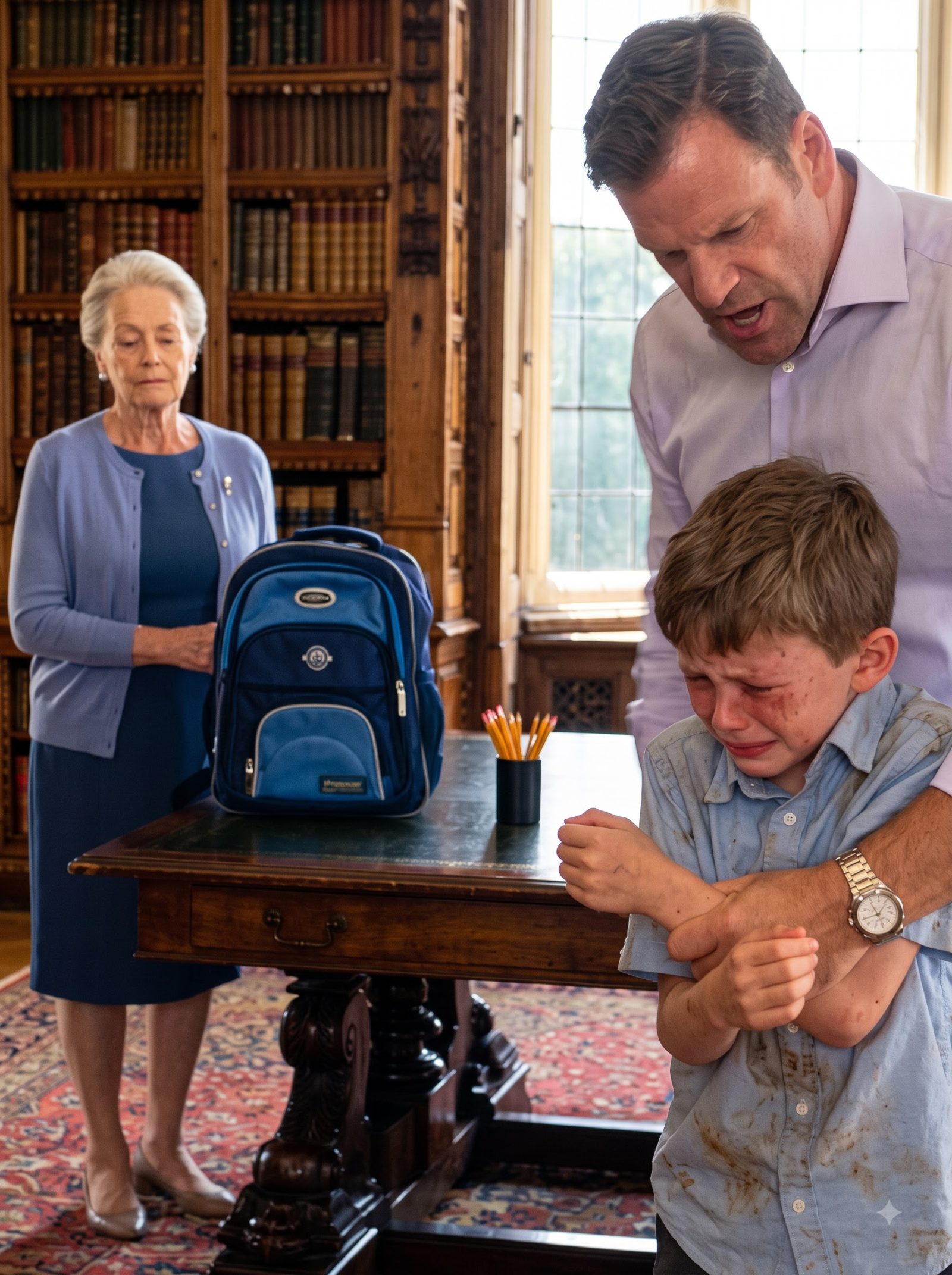Elliot stood trembling beneath a stack of heavy books while Bradley forced another volume onto his arms.
