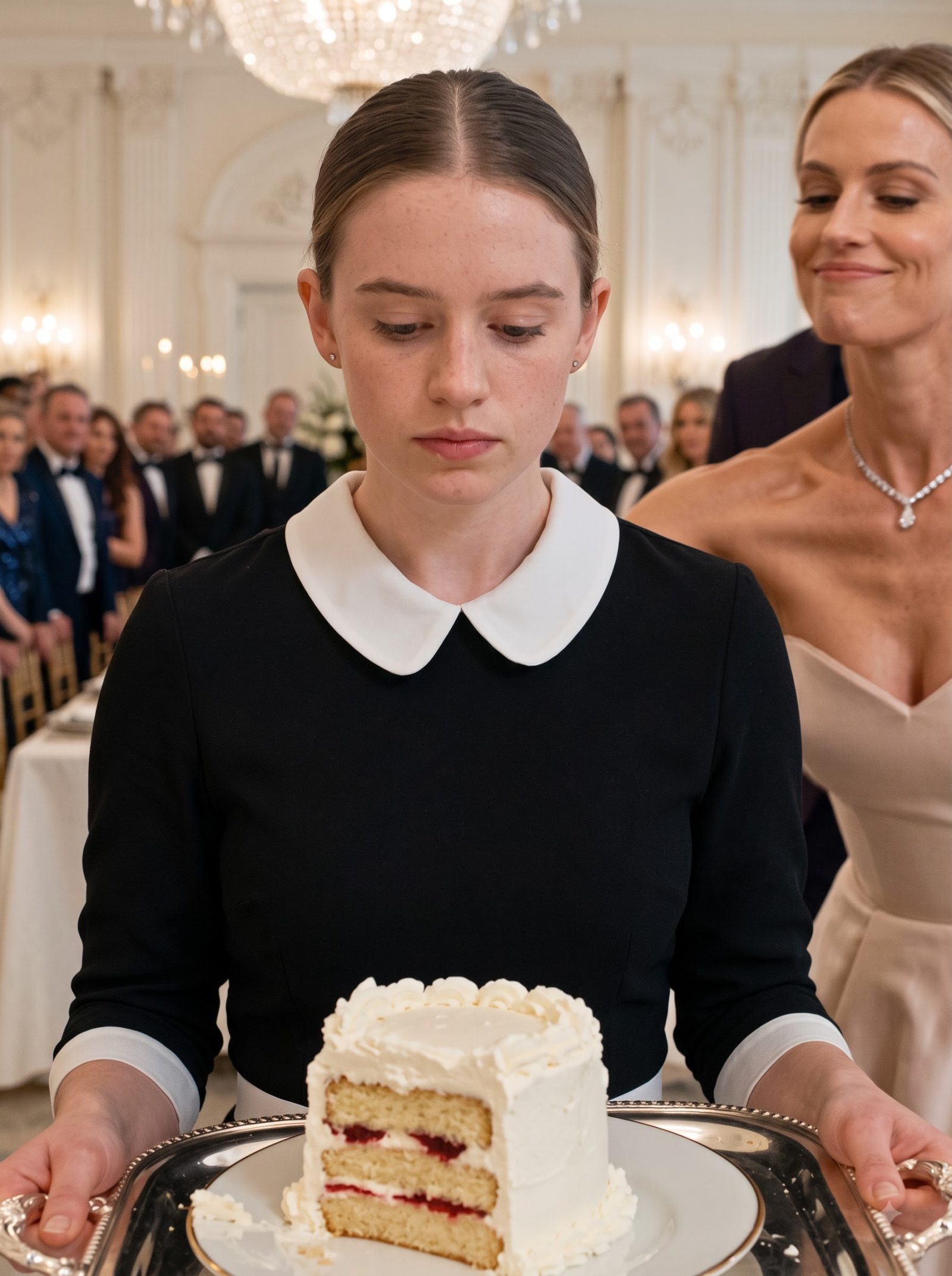 Delphine humiliates housemaid Sabina by forcing her face into a half-eaten dessert and telling her that scraps are all she deserves.