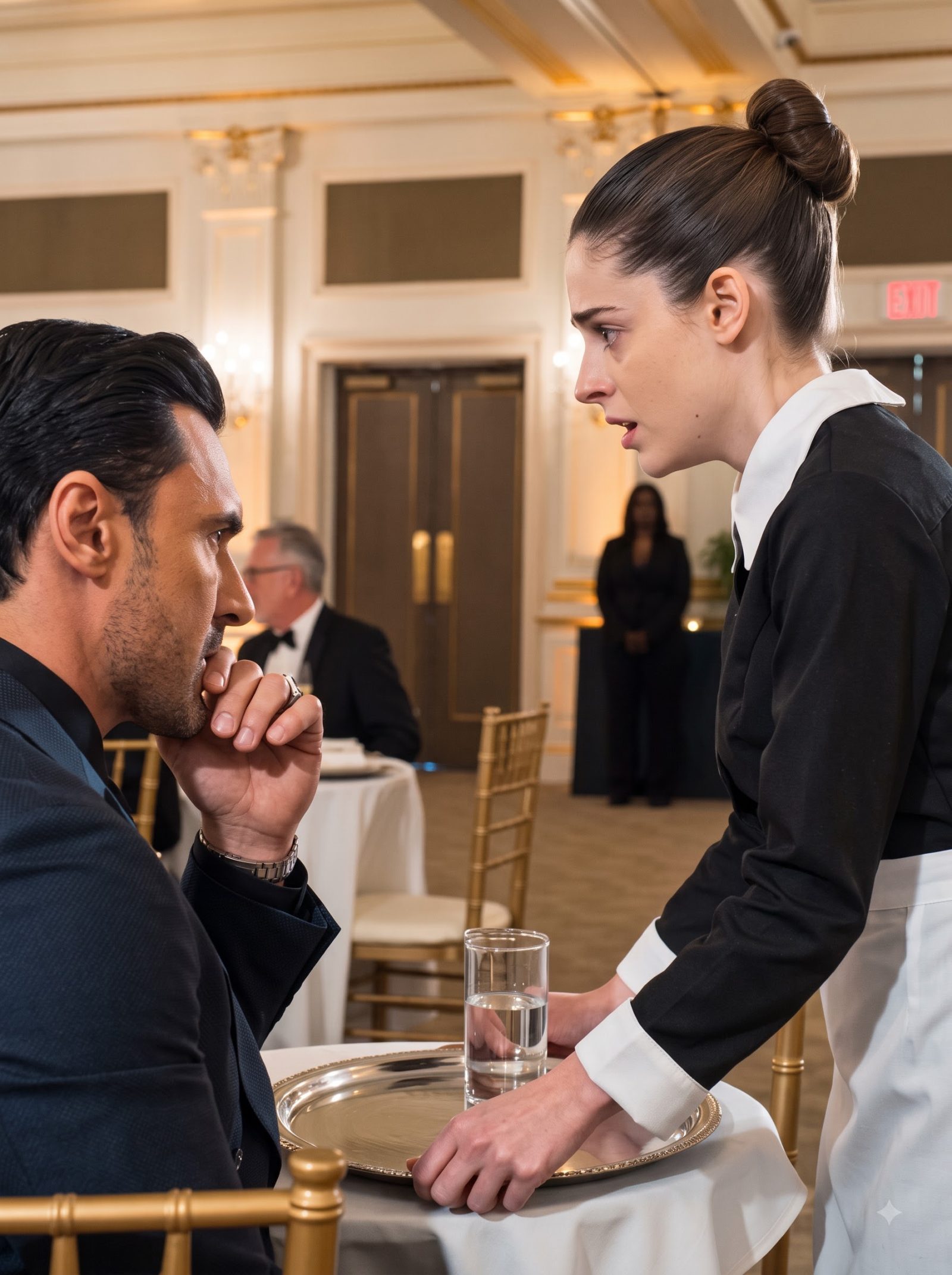 At Dominic Hawthorne’s crowded memorial charity concert, housemaid Cora approached the head table carrying water but stopped when she reached him.
