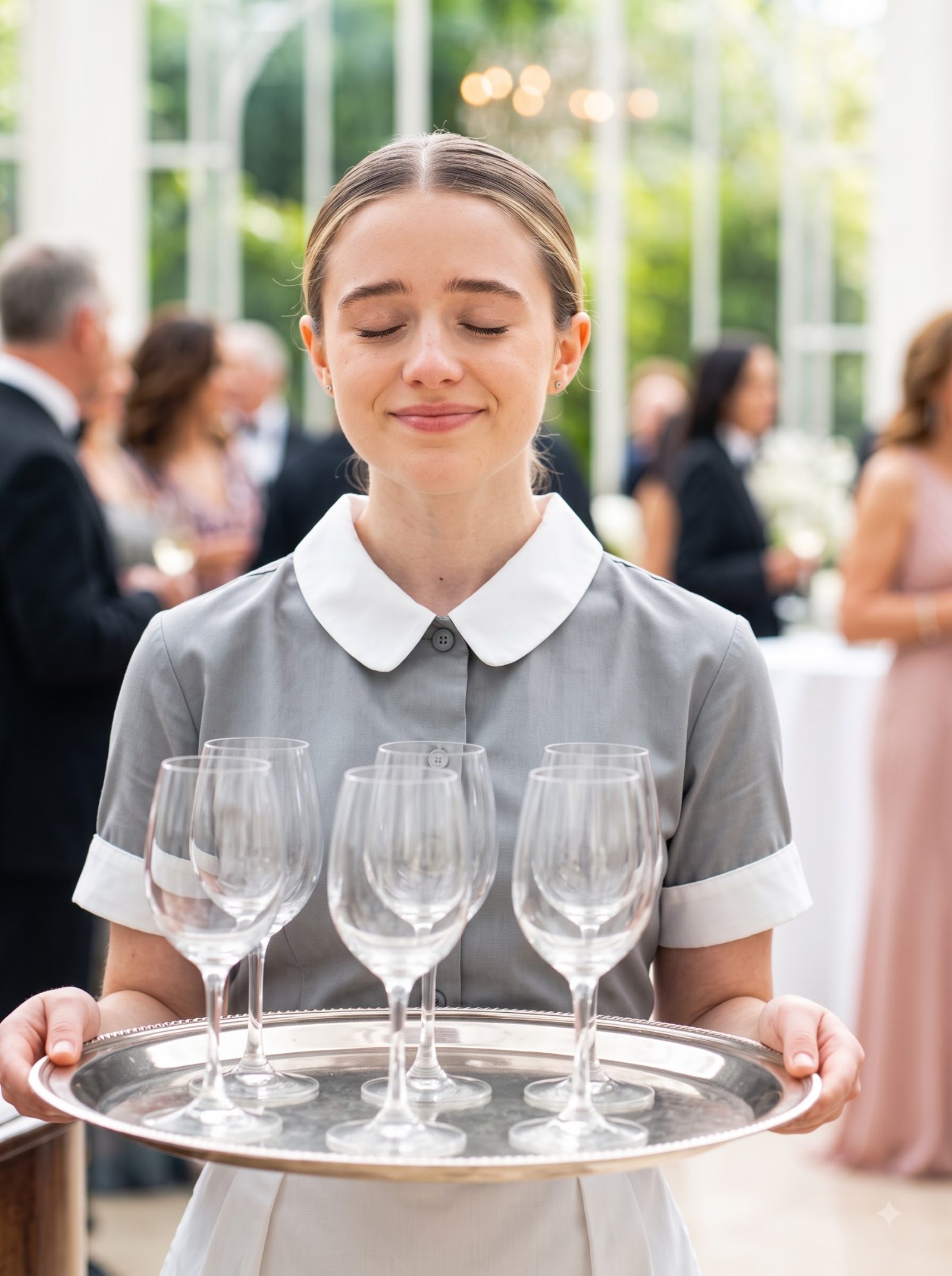 At a crowded anniversary reception inside a luxurious conservatory, housemaid Faye was softly humming while carrying a serving tray.
